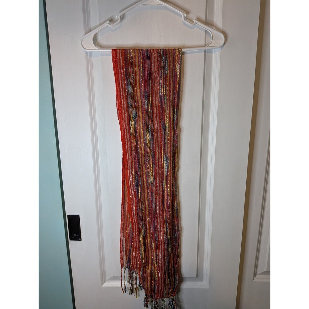 Bohemian Multi Color Striped Lightweight Scarf with Metallic Gold Thread Fringe
